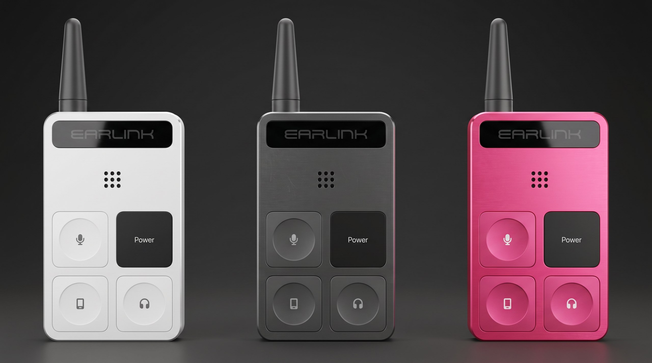 EarLink device in white, graphite and pink finishes